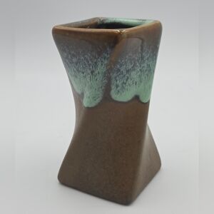 Drip Glaze Pottery Bud Vase With  Brown & Green Glazes Small Twist Square MCM